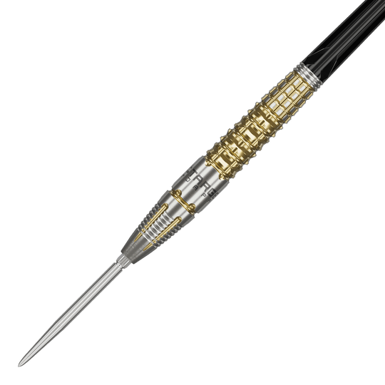 Das Bild zeigt einen Target Black Marque Warrior Swiss Point Steeldart. Der Dart ist silber und goldfarben mit auffälligen Rillen und einem spitzen Metallende.