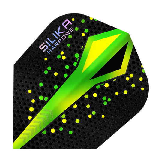Harrows Silika Colourshift Tough Crystalline Coating Green No6 Flights Das Bild zeigt ein Dart-Flügel von Harrows mit dem Namen "Silika Colourshift Tough Crystalline Coating Green No6". Das Design ist schwarz mit grünen und gelben Akzenten sowie einem auffälligen grünen Muster in der Mitte.