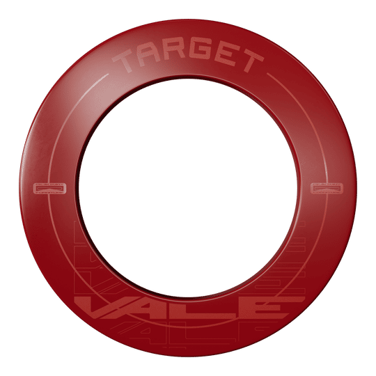 Marco para tablero de dardos Target VALE Das Bild zeigt einen roten Dartboard-Surround mit der Aufschrift "TARGET VALE". Der Surround ist rund und schützt die Wand rund um die Dartscheibe.