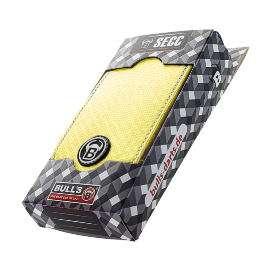 66348_Bulls_SECC_Dartcase_Yellow_4 Das Bild zeigt das Produkt "Bulls SECC Dartcase" in einer auffälligen gelben Farbe. Die Verpackung ist schwarz-grau gemustert und zeigt deutlich das Bulls-Logo.