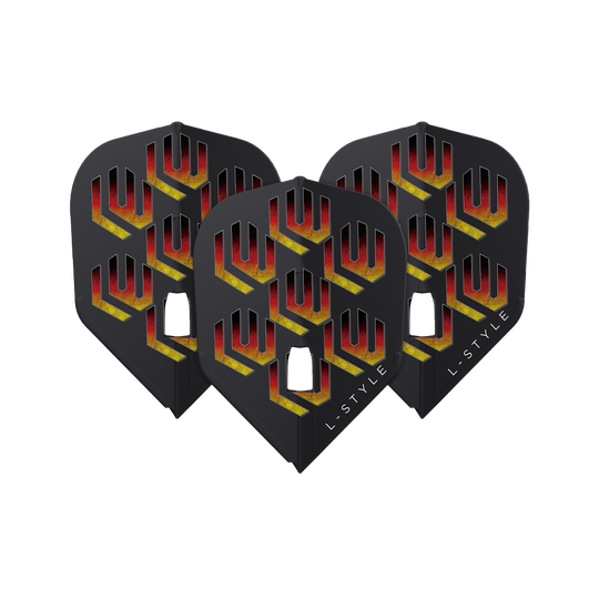 Plumas L-L-Styleukas Wenig V1 Black L3PRO Das Bild zeigt drei schwarze Dart-Flights mit einem auffälligen roten und gelben Muster. Auf jedem Flight steht unten rechts das Wort "L-STYLE".