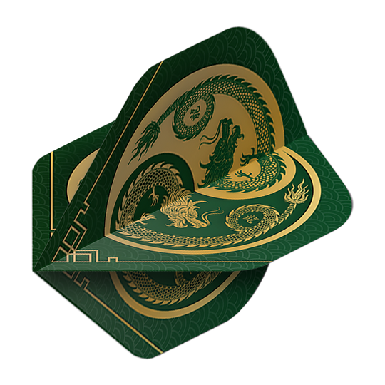 Pentathlonové lety Dragon green Das Bild zeigt die Pentathlon Dragon 3 Standard Flights. Sie sind grün mit einem goldenen Drachenmotiv verziert.