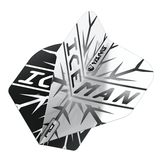 Red Dragon Gerwyn Price Iceman Nero Bianco Yin Yang Voli Standard Das Bild zeigt zwei Dartflights in Schwarz und Weiß mit dem Schriftzug "ICEMAN" und einem auffälligen Eismuster. Auf den Flights ist zudem das Wort "Yin Yang" zu sehen.