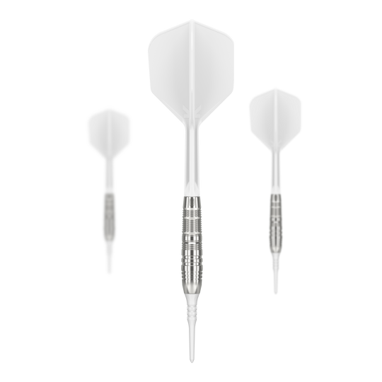 Freccette morbide Target Japan Crux Trust - 17 g Das Bild zeigt drei weiße Softdarts des Produkts „Target Japan Crux Trust Softdarts - 17g“. Die Darts haben silberne Griffe und weiße Flights.