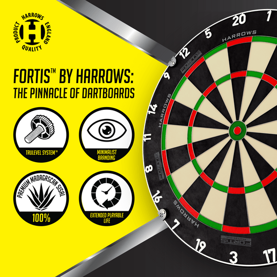 Das Foto zeigt ein Harrows Fortis Steeldartboard. Es ist für professionelle Dartspieler geeignet.