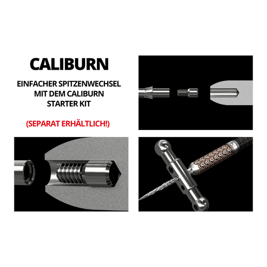 Pointes Caliburn System Steeldart - Ripple - NoLip - Noires Das Bild zeigt verschiedene technische Zeichnungen und Werkzeuge für das Mission Caliburn EVO System mit Steeldartspitzen. In roter Schrift steht "SEPARAT ERHÄLTLICH!" auf dem Bild.
