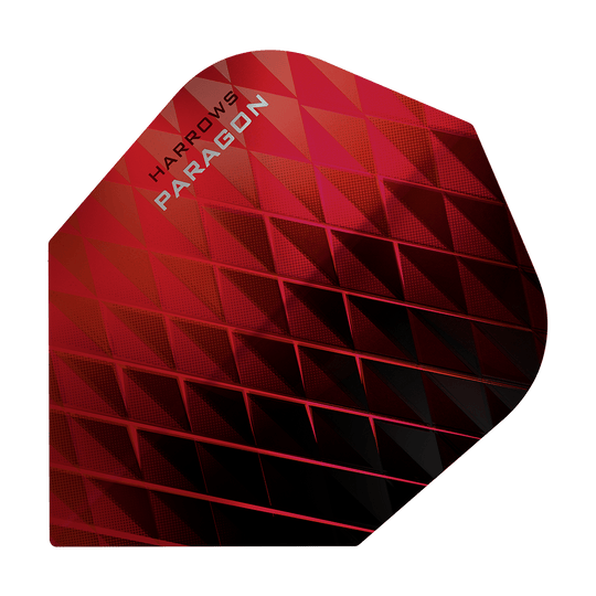 HR7602_Harrows_Paragon_Red_No2_Standard_Flights_1 Das Bild zeigt ein rotes Dart-Flight mit dem Namen "Harrows Paragon". Das Flight hat ein geometrisches Muster und die Worte "Harrows Paragon" sind oben links zu sehen.