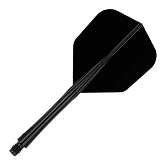 Sistema de eje de vuelo Caliburn SUP Lite No6 Das Bild zeigt einen schwarzen Dart-Schaft mit Flight. Der Dart-Schaft ist mittellang und komplett in schwarz gehalten.