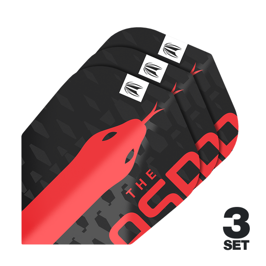 Letenky Target Pro Ultra Nathan Aspinall No6 – 3 sady Das Bild zeigt drei Sätze der Target Pro Ultra Nathan Aspinall No6 Flights für Darts. Das Design ist schwarz mit einem auffälligen roten Schlangenmuster und dem Text „THE ASP“.