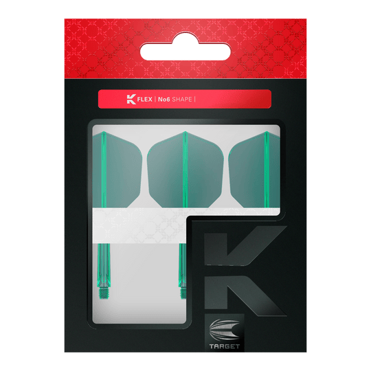 System lotu Target K-Flex No6 – zielony Das Bild zeigt eine Verpackung mit drei grünen Dartflügen und Schäften der Marke Target. Die Packung trägt die Aufschrift "K FLEX | No6 SHAPE".