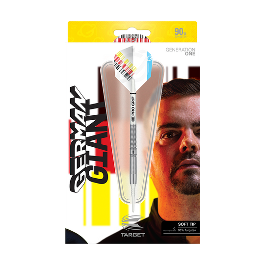 210048_Target_Gabriel_Clemens_2020_Softdarts_3 Die Verpackung zeigt die "Target Gabriel Clemens Generation One Softdarts". Im Vordergrund ist ein Dartpfeil zu sehen, im Hintergrund das Porträt eines Mannes mit dem Text "German Giant".
