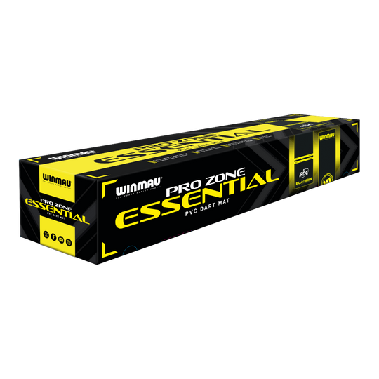 Tappetino per freccette in PVC Winmau Pro-Zone Essential Die Abbildung zeigt die Verpackung der 'Winmau Pro-Zone Essential PVC Dartmatte'. Die Box ist in den Farben Schwarz und Gelb gestaltet und trägt deutlich das Produktlogo.