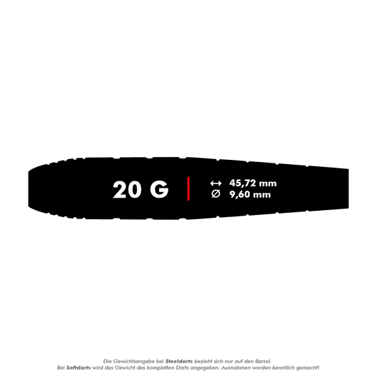 Šipky Red Dragon Luke Humphries World Champion Brass Softdarts - 20g Das Bild zeigt die Maße und das Gewicht des Produkts "Red Dragon Luke Humphries World Champion Brass Softdarts - 20g". Der Dart wiegt 20 Gramm, ist 45,72 mm lang und hat einen Durchmesser von 9,60 mm.