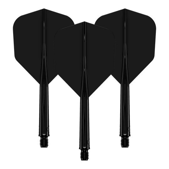 Mission Force 90 No6 Flight Shaft System - Black Das Bild zeigt drei schwarze Dart-Flights mit daran befestigten Schäften. Sie sind nebeneinander angeordnet und haben ein schlichtes, einfarbiges Design.