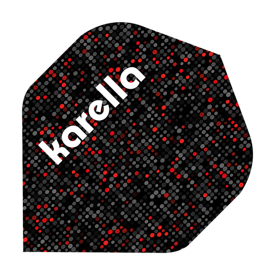 8032-13_Karella_XT-6_No2_Standard_Flights_1 Das Bild zeigt das Produkt "Karella XT-6 No2 Standard Flights". Das Flight ist schwarz mit roten und grauen Punkten und hat den weißen Schriftzug "karella".