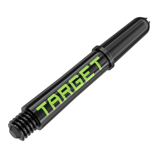 Target Pro Grip TAG Shafts - 3 sady - černo-zelené Zwei Dart-Schäfte desselben Designs liegen nebeneinander. Die solide Ausführung fällt auf.