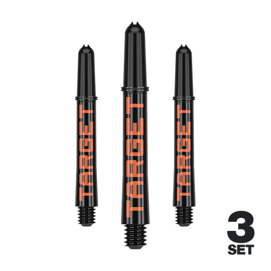 Tiges Target Pro Grip TAG - 3 jeux - Noir Orange Das Bild zeigt drei schwarze Dartschäfte mit orangener Schrift „TARGET“. In der rechten unteren Ecke steht „3 SET“.