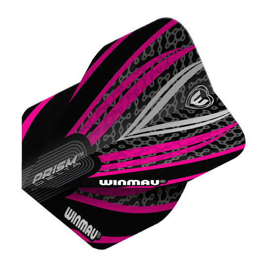 Letky Winmau Prism Delta černá bílá růžová č. 2 standardní Das Bild zeigt ein Winmau Prism Delta No2 Standard Dartflight in den Farben Schwarz, Weiß und Pink. Das Flight hat ein auffälliges, modernes Design mit grafischen Mustern und dem Winmau-Logo.