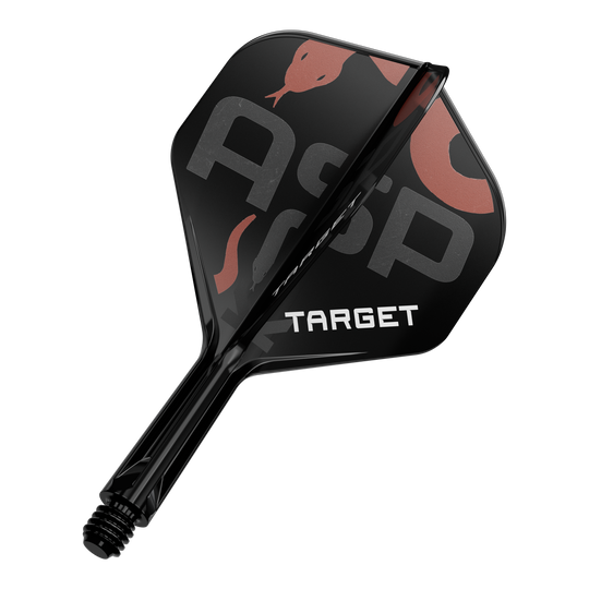 Sistema di alberi di volo standard Target K-Flex Nathan Aspinall No2 Das Bild zeigt ein schwarzes Dart-Flügel- und Schaftsystem mit der Aufschrift "TARGET". Auf dem Flügel sind zudem die Buchstaben "Asp" sowie eine Schlangenabbildung zu sehen.