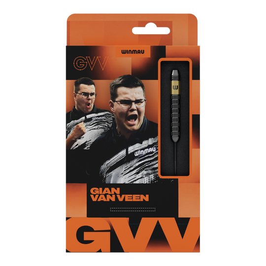 Hier wird das Produkt Winmau Gian Van Veen Core Brass Steeldarts mit 21 Gramm gezeigt. Die Steeldarts liegen geordnet nebeneinander.