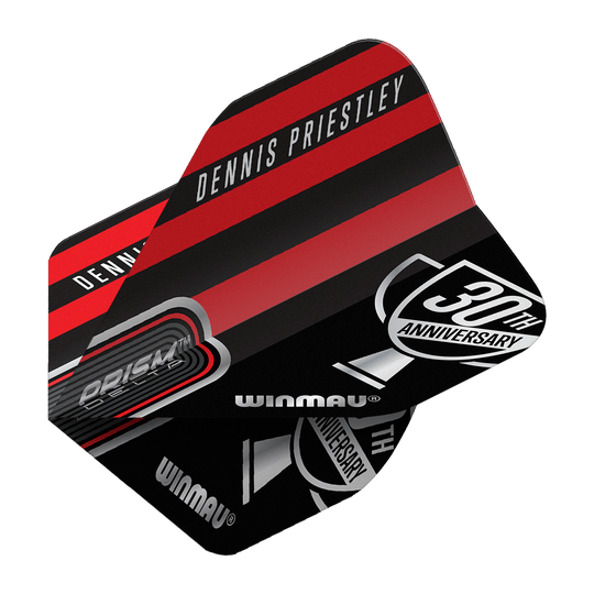 Voli standard Winmau Prism Delta Dennis Priestley Diamond 3-Zero No2 Das Bild zeigt ein Winmau Prism Delta Dart-Flight mit dem Namen "Dennis Priestley". Das Design ist in Schwarz und Rot gehalten und enthält den Schriftzug "30th Anniversary".