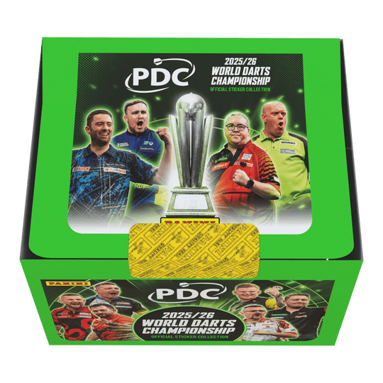 Panini PDC World Darts Championship 2025/26 - Stickerbox mit 65 Tüten Die Panini PDC World Darts Championship 2025/26 Stickerbox mit 65 Tüten ist zu sehen. Das Bild gibt einen Überblick über die Verpackung und den Inhalt der Box.