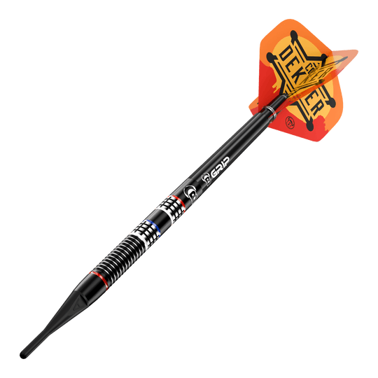 Dardos suaves Bulls Cor Dekker The Sheriff - 20 g Dies ist ein Bild der Bulls Cor Dekker The Sheriff Softdarts - 20g. Das Produkt wird deutlich von der Seite gezeigt.