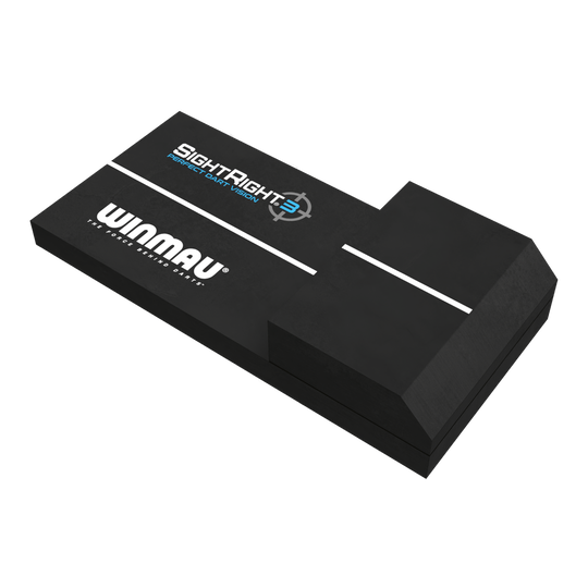 Winmau SightRight 3 - Compact Das Bild zeigt das Produkt "Winmau SightRight 3 - Compact", ein Hilfsmittel für Dartspieler. Es ist schwarz und hat weiße Linien sowie die Aufschriften "Winmau" und "SightRight 3" auf der Oberfläche.