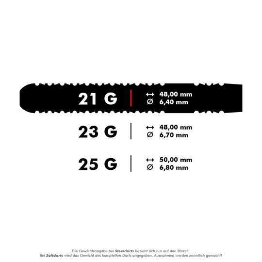 190095_Target_Rob_Cross_GEN2_Swiss_Point_Steeldarts_5_21g Das Bild zeigt die verschiedenen Gewichtsklassen und Maße der Target Rob Cross GEN2 Swiss Point Steeldarts. Es gibt Varianten mit 21 g (48,00 mm Länge, 6,40 mm Durchmesser), 23 g (48,00 mm, 6,70 mm) und 25 g (50,00 mm, 6,80 mm).