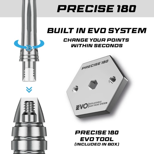 Fléchettes en acier Precise 180 MRV1 Auf dem Bild sind die Precise 180 MRV1 Steeldarts - 23g zu sehen. Diese Darts sind für ihre Präzision und Qualität bekannt.