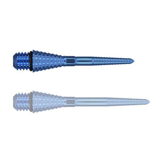 380176_Target_Titanium_Swiss_Point_Grooved_Conversion_Points_Blau_26mm_1TwbDmqfoVppg9 Das Bild zeigt zwei blaue, gerillte Spitzen aus Metall mit Gewinde am einen Ende. Sie liegen parallel nebeneinander auf einem transparenten Hintergrund.