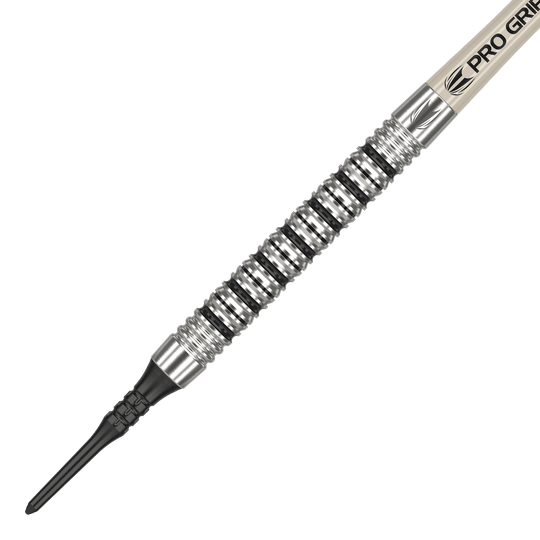 Freccette morbide Target EXO 11 Das Bild zeigt den Target EXO 11 Softdart. Der Dart hat eine silberne, gerillte Griffzone und eine schwarze Kunststoffspitze.
