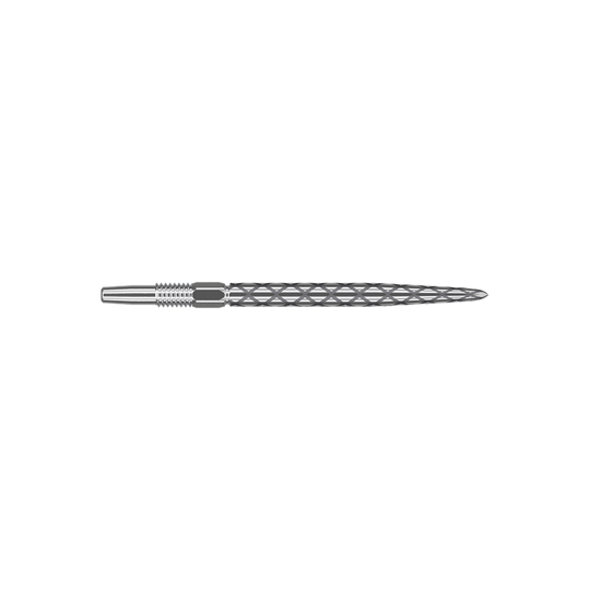 Target Swiss Diamond Pro Silver Points Dartspitzen Das Bild zeigt eine silberne Dartspitze mit einem rautenförmigen Muster. Sie ist lang und schmal gefertigt und hat eine glatte, glänzende Oberfläche.
