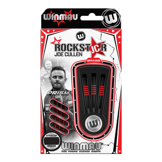 Šipky Winmau Joe Cullen Brass Steeldarts - 20g Das Bild zeigt die Verpackung der "Winmau Joe Cullen Brass Steeldarts - 20g". In der Verpackung sind drei schwarze Steeldarts mit roten Akzenten zu sehen.