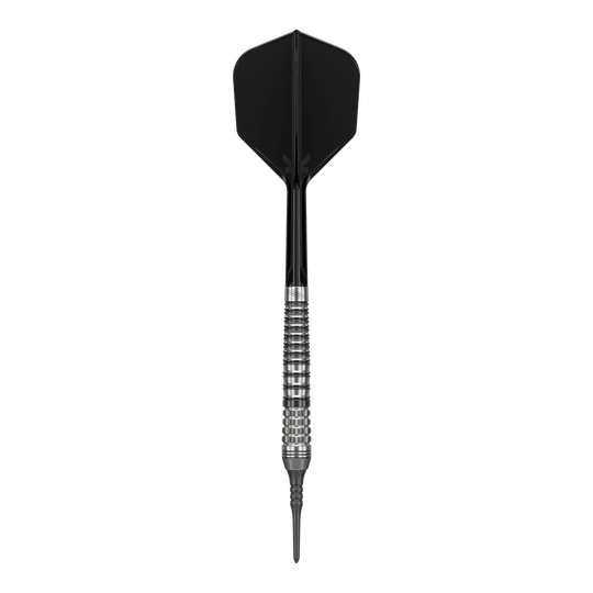 Dardos blandos Target Japan Black Marque Renegade 4 - 19 g Das Bild zeigt einen schwarzen Softdart namens "Target Japan Black Marque Renegade 4" mit einem Gewicht von 19g. Der Dart hat ein elegantes Design mit einem strukturierten Griff und schwarzer Spitze sowie schwarzem Flight.