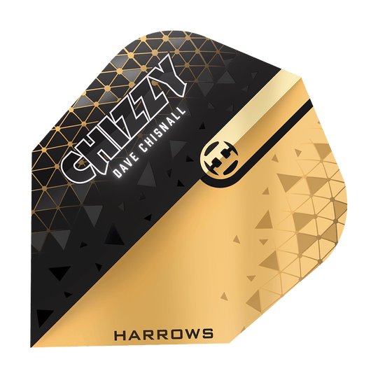 Harrows Prime Dave Chisnall Chizzy 2 Lety č. 6 Das Bild zeigt ein Dartflight-Design in Schwarz und Gold mit geometrischen Mustern. Auf dem Flight stehen die Namen "CHIZZY", "Dave Chisnall" und "HARROWS".