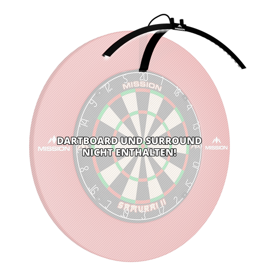 Iluminación LED plegable para diana Mission Torus 100 Das Bild zeigt die faltbare LED Dartboard Beleuchtung "Mission Torus 100", die über einem Dartboard platziert ist. Ein Hinweis weist darauf hin, dass das Dartboard und das Surround nicht enthalten sind.