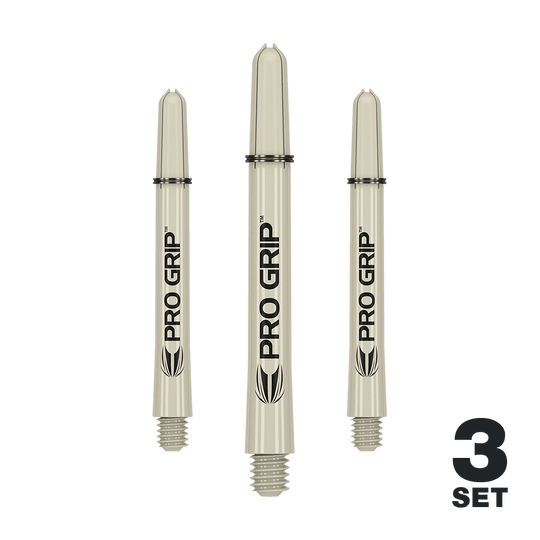 Target Pro Grip Shafts - 3 Sets - Sand Auf dem Bild sind drei sandfarbene Pro Grip Dartschäfte zu sehen. Unten rechts steht "3 Set", was auf ein Set aus drei Stück hinweist.