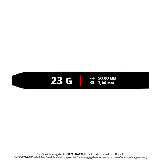 Das Bild zeigt die Produktangaben für die Bulls Challenger Sascha Stuhlemmer Steeldarts mit einem Gewicht von 23 Gramm. Der Barrel ist 50,00 mm lang und hat einen Durchmesser von 7,00 mm.