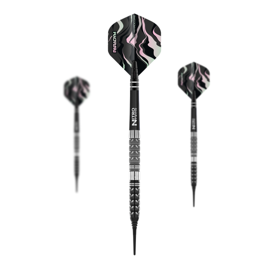 Šipky Red Dragon Paradym Tapered Soft - 20g Das Bild zeigt drei Red Dragon Paradym Tapered Softdarts mit einem Gewicht von 20g. Die Flügel der Darts haben ein auffälliges schwarzes, pinkes und weißes Muster.