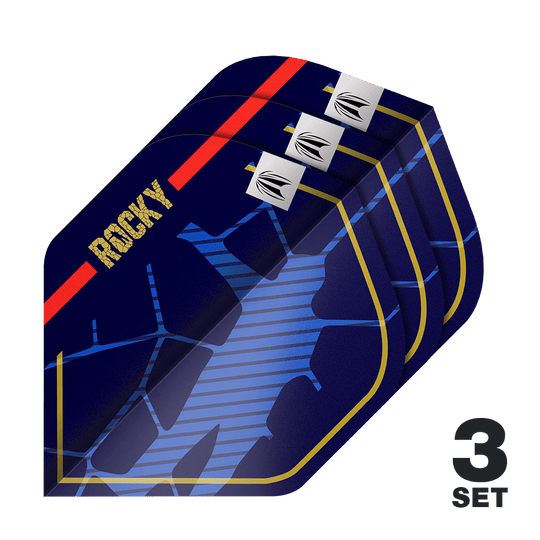 Target Pro Ultra Josh Rock GEN1 No2 Standardní letky - 3 sady Das Bild zeigt drei Sätze dunkler Dartflights mit dem Schriftzug "ROCKY" und einem auffälligen blauen Muster. In der rechten unteren Ecke steht die Aufschrift "3 SET".