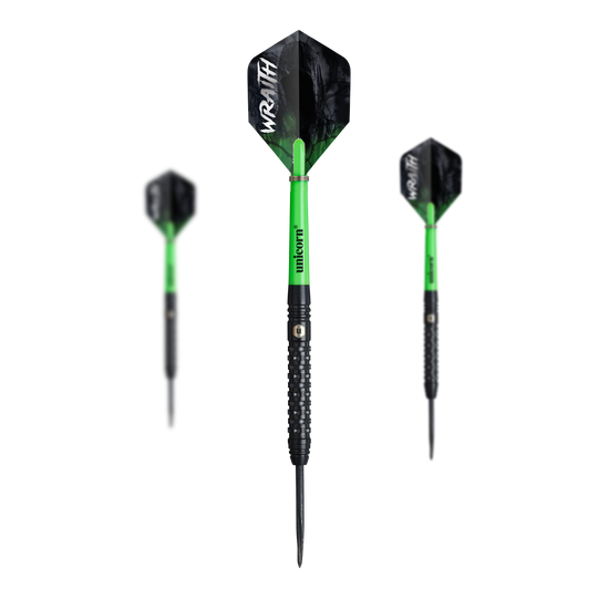 Ocelové šipky Unicorn Wraith Das Set Unicorn Wraith Steeldarts ist zusammen abgebildet. Das Produkt wirkt hochwertig.