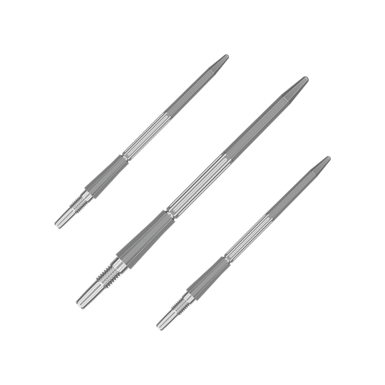 Das Bild zeigt ein Set der Target Elysian Archetype 43 SwissPoint Dartspitzen in Silber mit 42 mm Länge. Die Spitzen sind geeignet für professionelle Dartspiele.