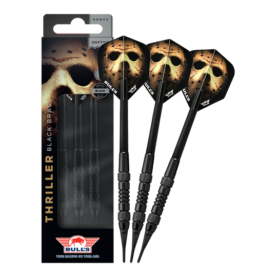 Dardos blandos Bulls NL Thriller Black Brass - 18 g Das Bild zeigt Bulls NL Thriller Black Brass Softdarts mit 18 Gramm. Diese Softdarts zeichnen sich durch ihre schwarze Optik aus.