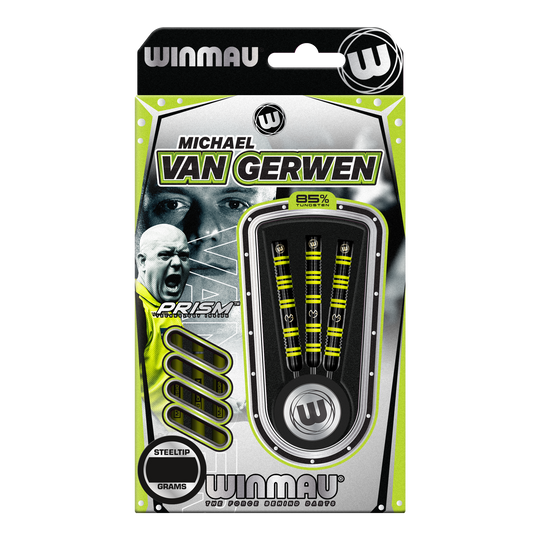 Fléchettes en acier Winmau Michael Van Gerwen 85 Pro-Series Das Bild zeigt eine Packung Winmau Michael Van Gerwen 85 Pro-Series Steeldarts. In der Verpackung sind drei Dartpfeile mit gelb-schwarzem Design sichtbar.