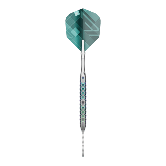 Freccette in acciaio Target Rove 01 Swiss Point Das Bild zeigt den Target Rove 01 Swiss Point Steeldart. Der Dart hat ein silbernes Barrel mit einem blauen Muster und grüne Flights.