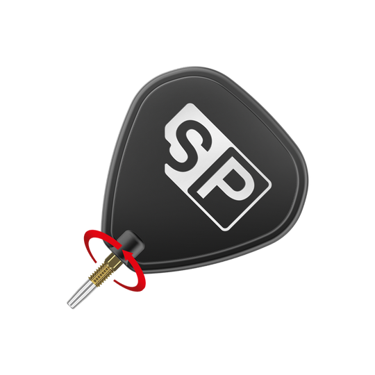 Target Swiss Point Gold Dartspitzen Das Bild zeigt eine schwarze Dart-Flügel mit den weißen Buchstaben "SP" darauf. Unten ist eine goldene Dartspitze mit einem roten Pfeil, der eine Drehbewegung anzeigt.