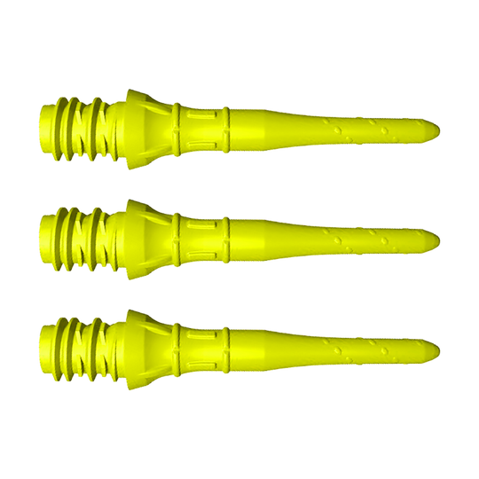 LIP40_L-Style_Premium_Lippoints_Short_Neongelb_1 Das Bild zeigt drei kurze, neon-gelbe Dartspitzen, die nebeneinander liegen. Sie haben ein Schraubgewinde und sind für Soft-Darts geeignet.