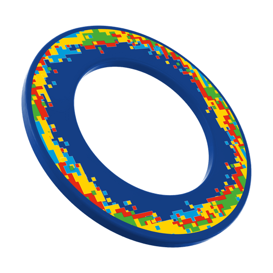 Abgebildet ist das Produkt 'MSF-H2_McDart_Pixel_Dartboard_Surround_Blau_1'. Es scheint ein blaues Dartboard-Umrandungszubehör zu sein.