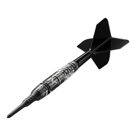 Target Japan Black Marque Chaos 2 Soft Darts - 19g Das Bild zeigt einen Target Japan Black Marque Chaos 2 Softdart mit einem Gewicht von 19 Gramm. Der Dartpfeil ist schwarz-silbern gestaltet und hat ein modernes, stilvolles Design.